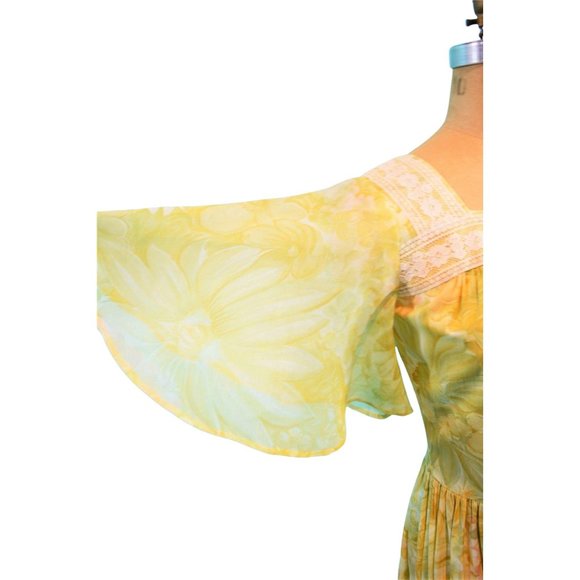 Vintage 1970s Yellow Maxi Dress Floral Flutter Sleeves Bohemian | W 29" - Picture 4 of 10